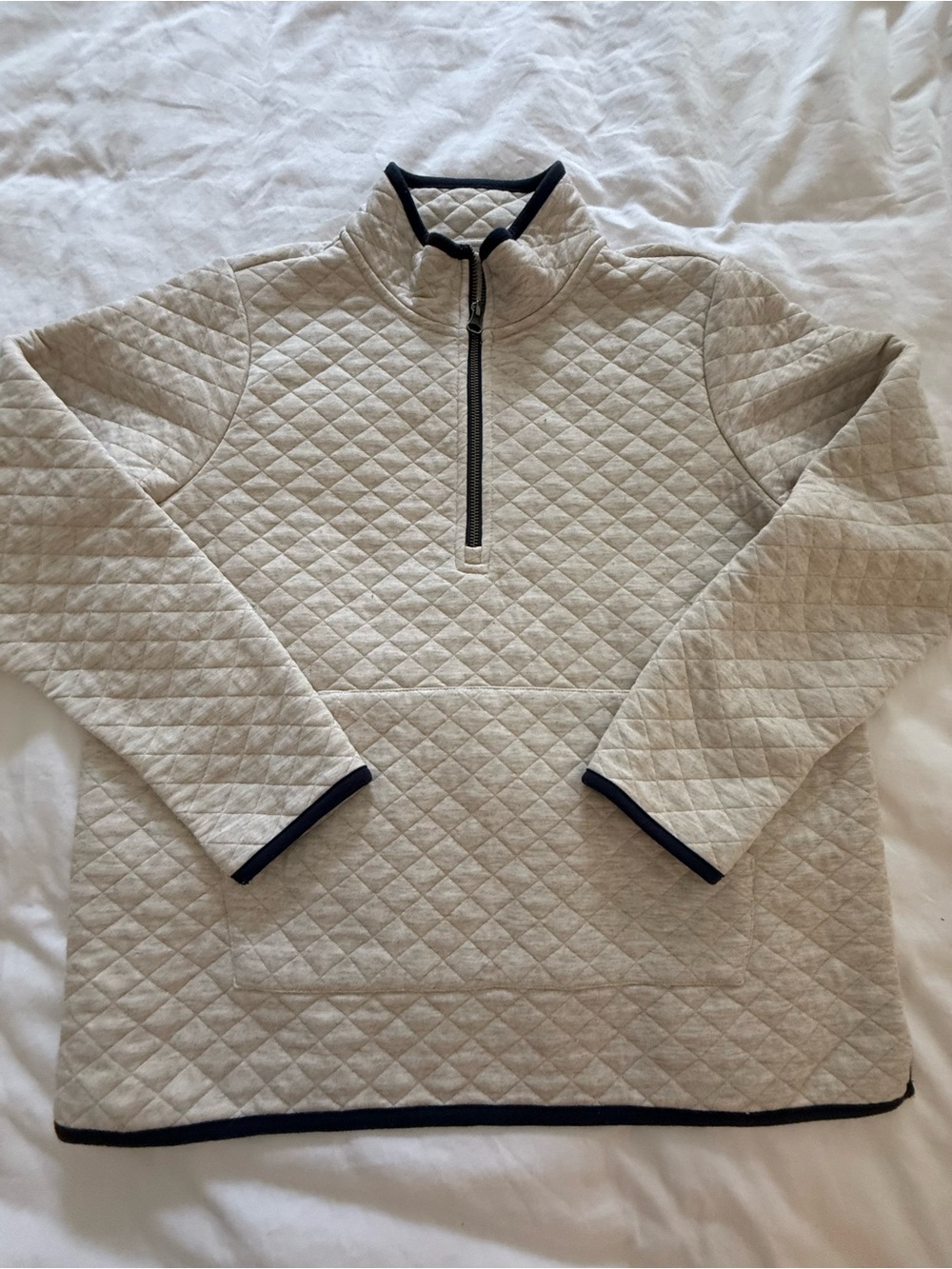 Market & Spruce Quilted Pullover in Cream with Navy Trim